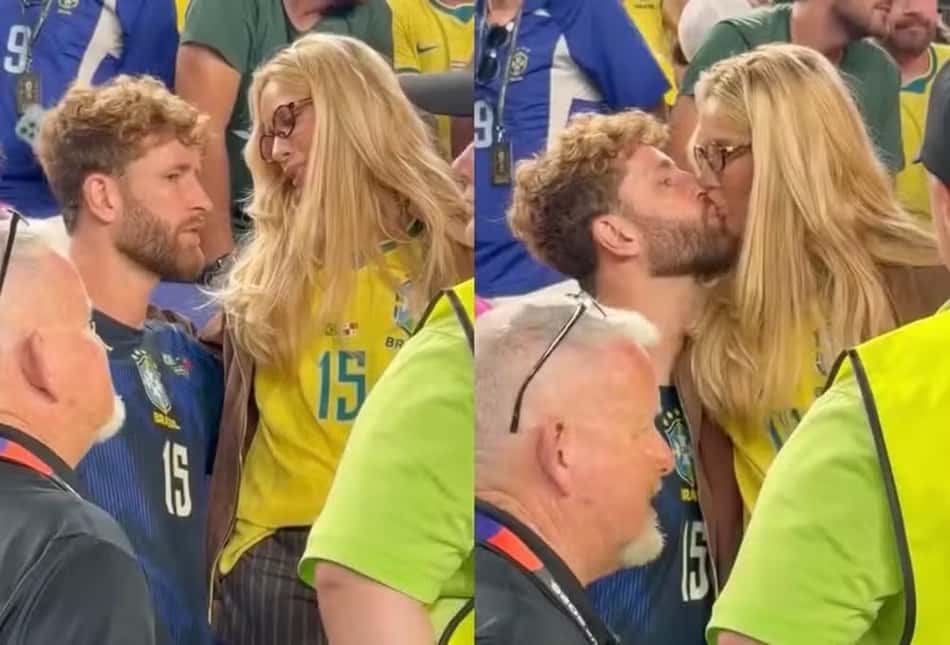 Montagem com Karoline e Leo Pereira, ambos com a camisa do Brasil