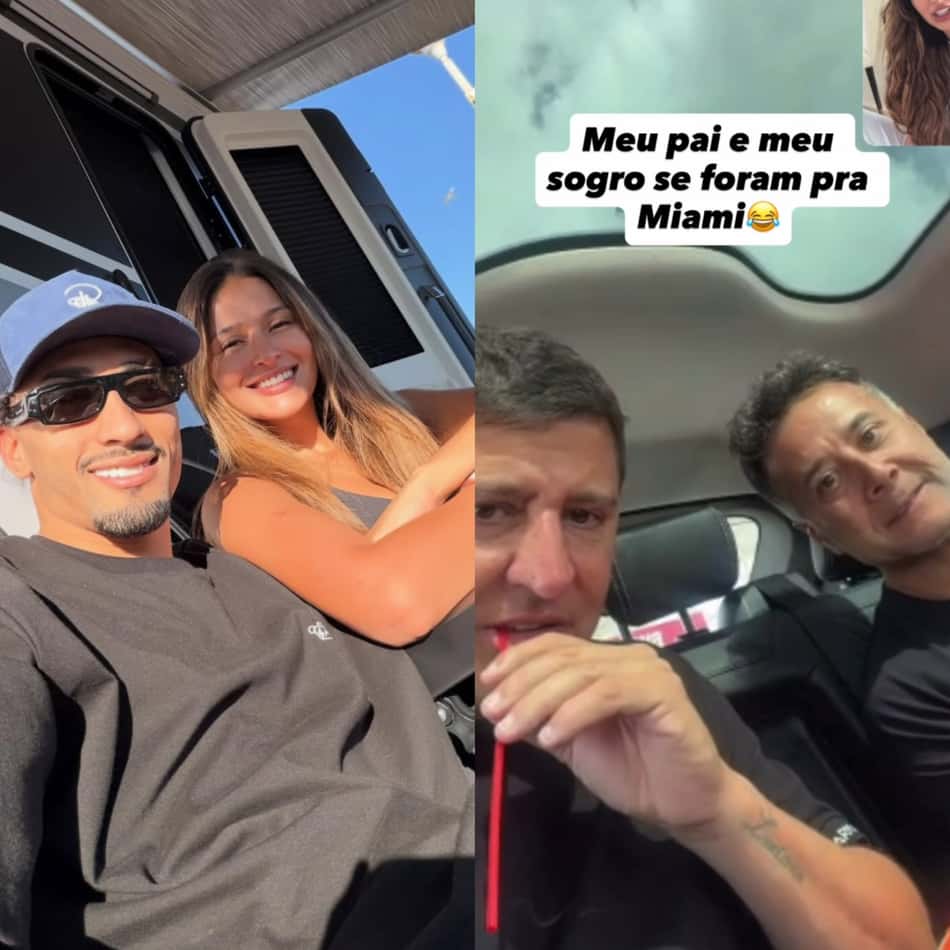Raphinha e a esposa, Natália Belloli, compartilham a imagem de uma chamada de vídeo com os pais do casal
