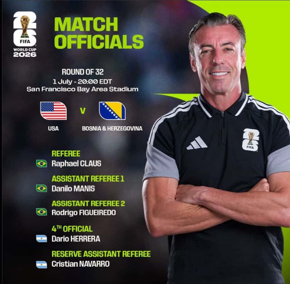 Tweet da Fifa anunciando Raphael Claus como árbitro principal do jogo entre EUA e Bósnia, pela segunda fase da Copa.