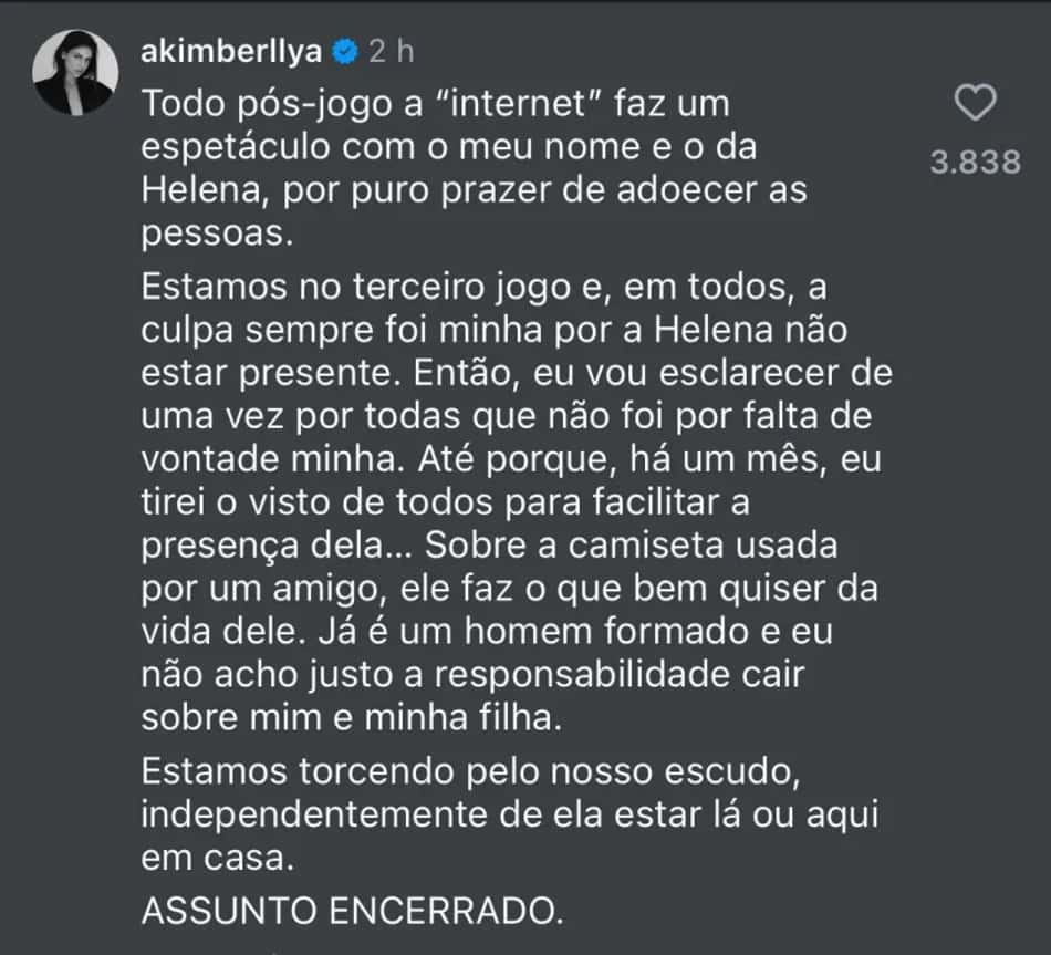 Amanda Kimberlly se pronuncia sobre Helena não estar na Copa com Neymar