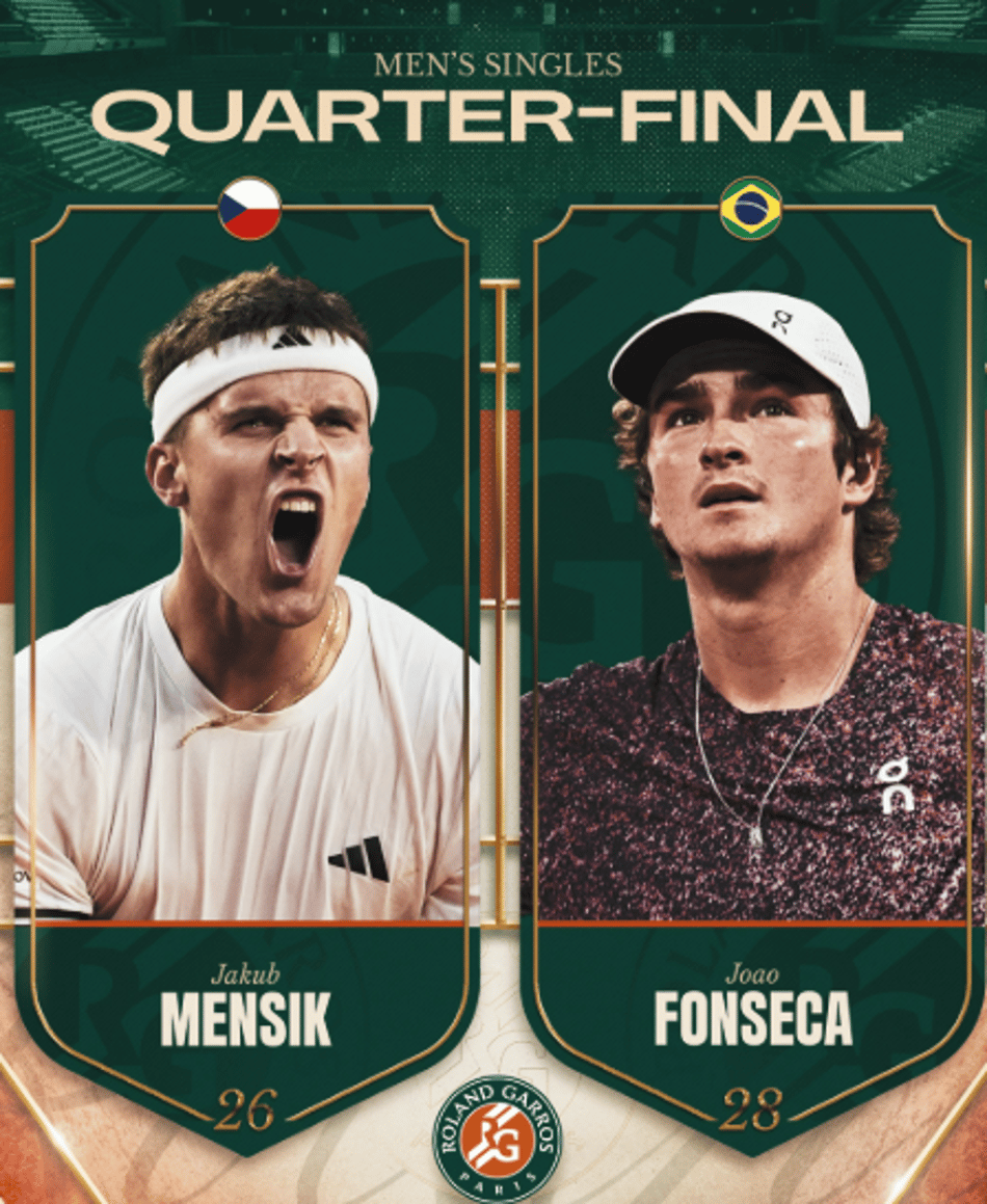 João Fonseca e Jakub Mensik se enfrentam nas quartas em Roland Garros (Reprodução)