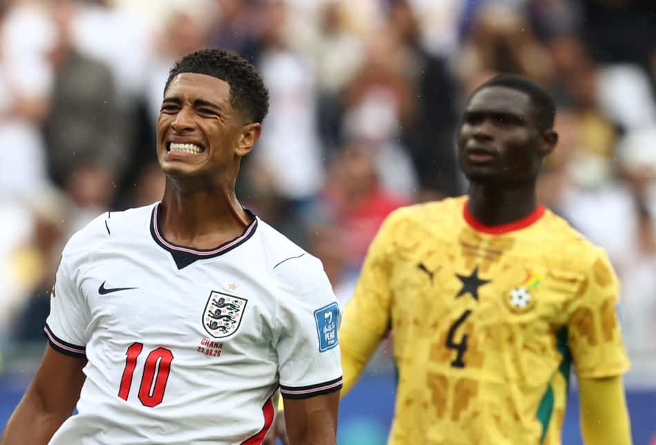 Jude Bellingham com expressão de lamento no empate da Inglaterra com Gana na Copa do Mundo