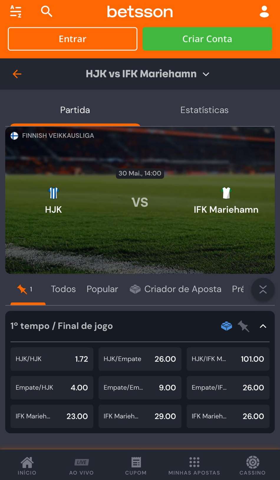 Captura da tela de apostas em Intervalo/Final do Jogo na Betsson.