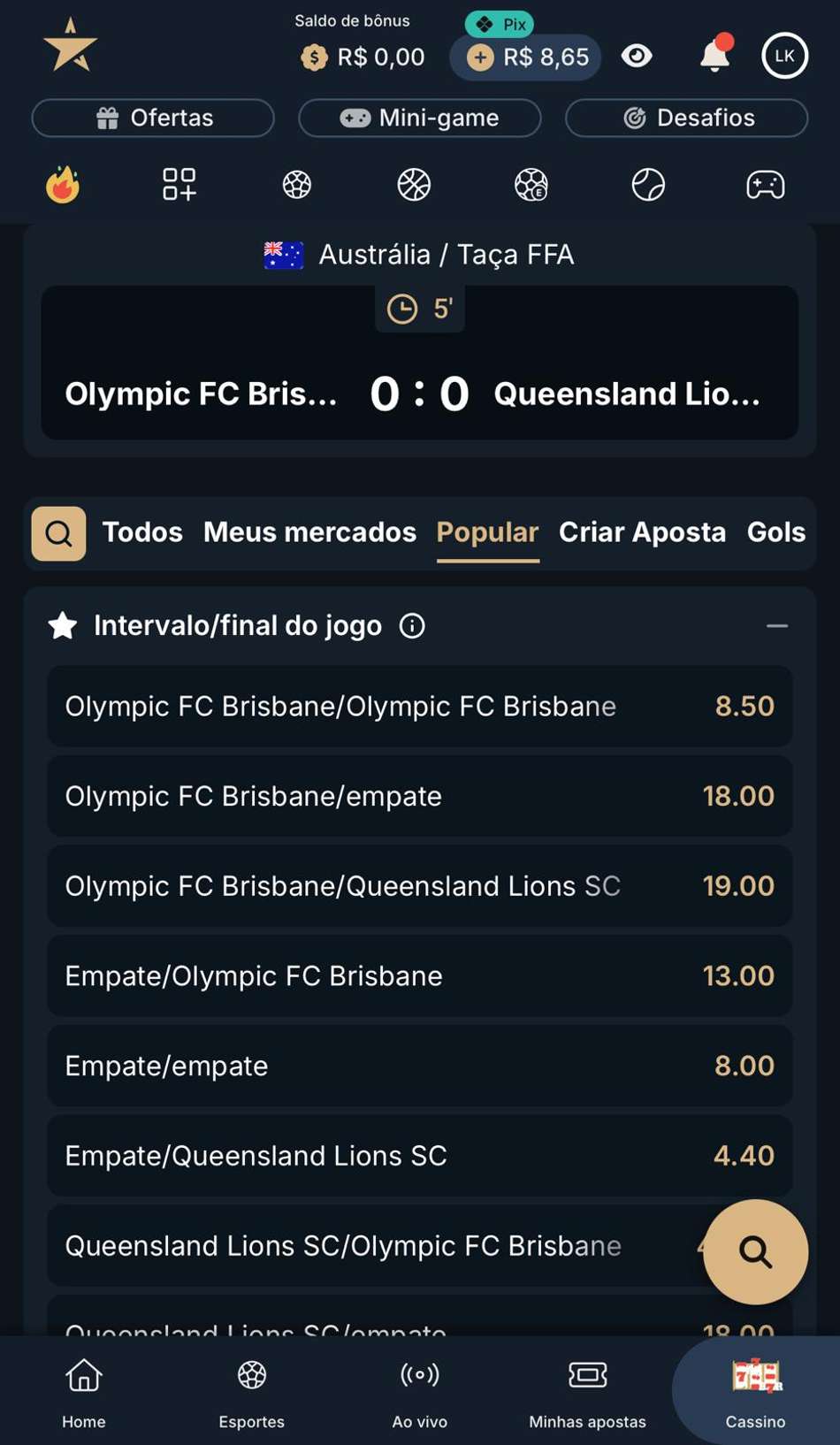 Captura da tela de apostas em Intervalo/Final do jogo na Estrela bet.