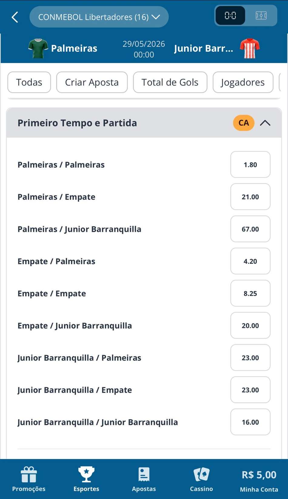 Captura da tela de apostas em Intervalo/Final do jogo com o Criar Aposta na Sportingbet.
