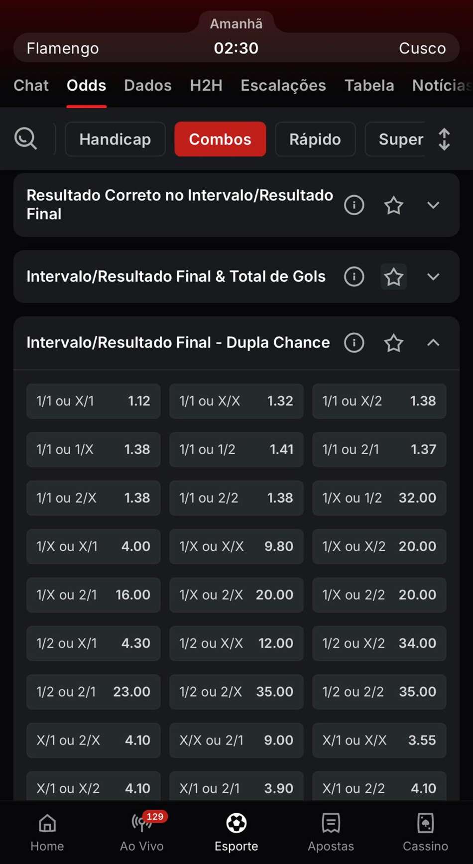 Captura da tela de apostas em Intervalo/Final do jogo na Superbet.