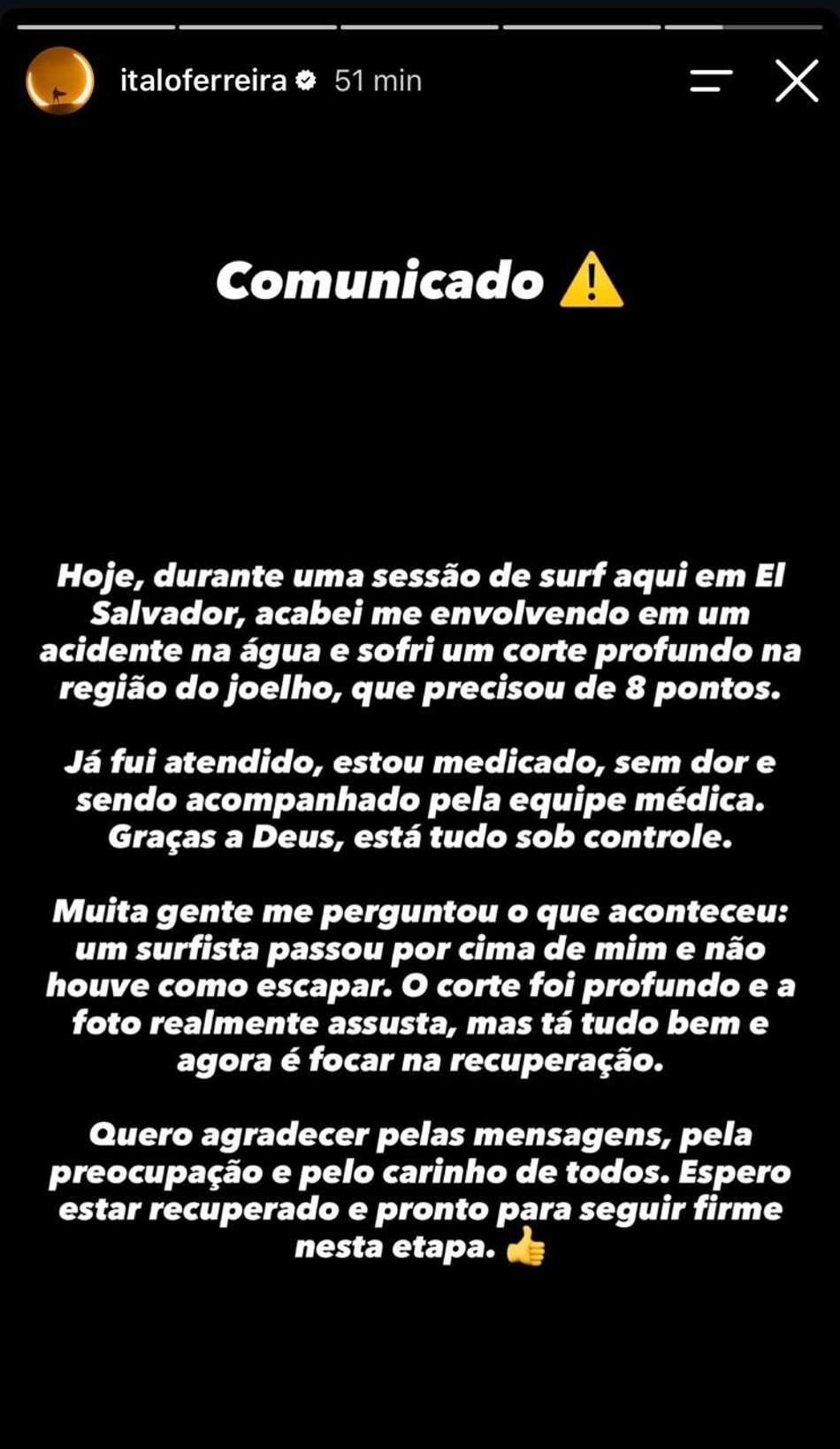 Ítalo Ferreira publicou comunicado em seu perfil no Instagram explicando o acidente