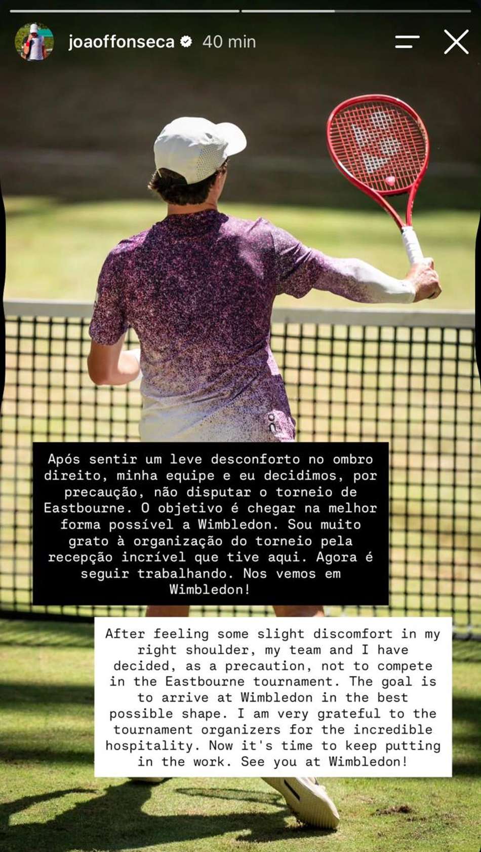 João Fonseca anunciou desistência do ATP de Eastbourne por meio de comunicado nas redes sociais