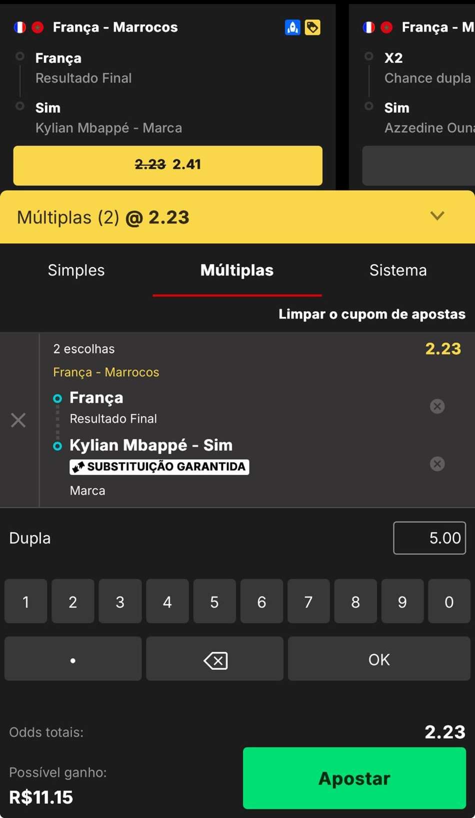 Captura de tela do bilhete de apostas na KTO na Copa do Mundo de 2026.