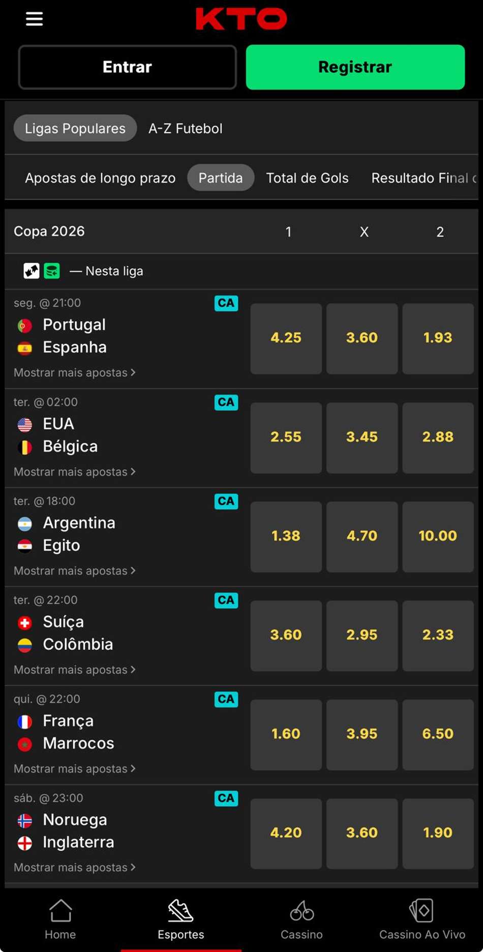 Captura de tela do aplicativo da KTO na seção de apostas esportivas com os jogos da Copa do Mundo de 2026.