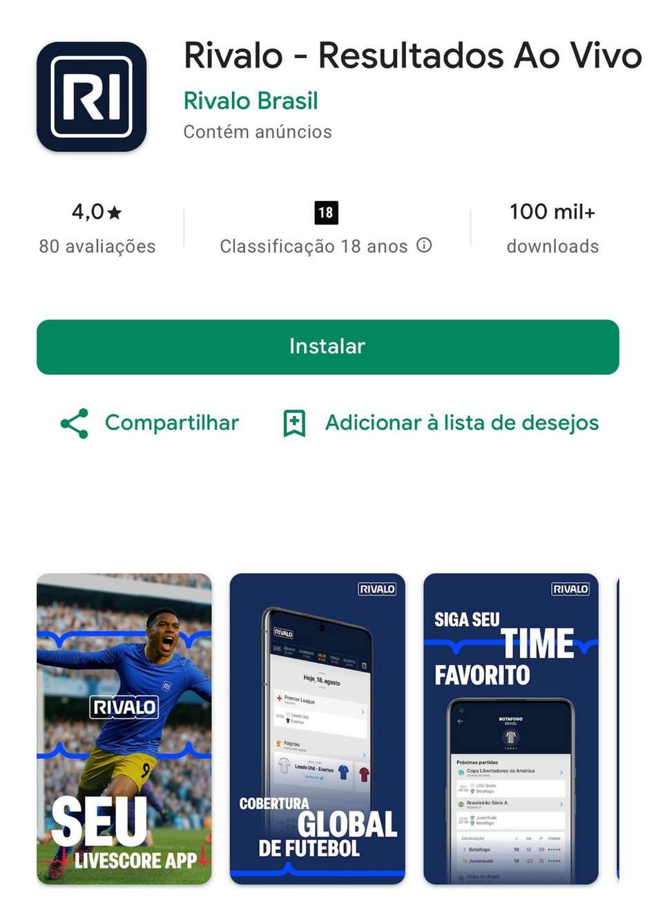 Captura de tela do app da Rivalo na Play Store.