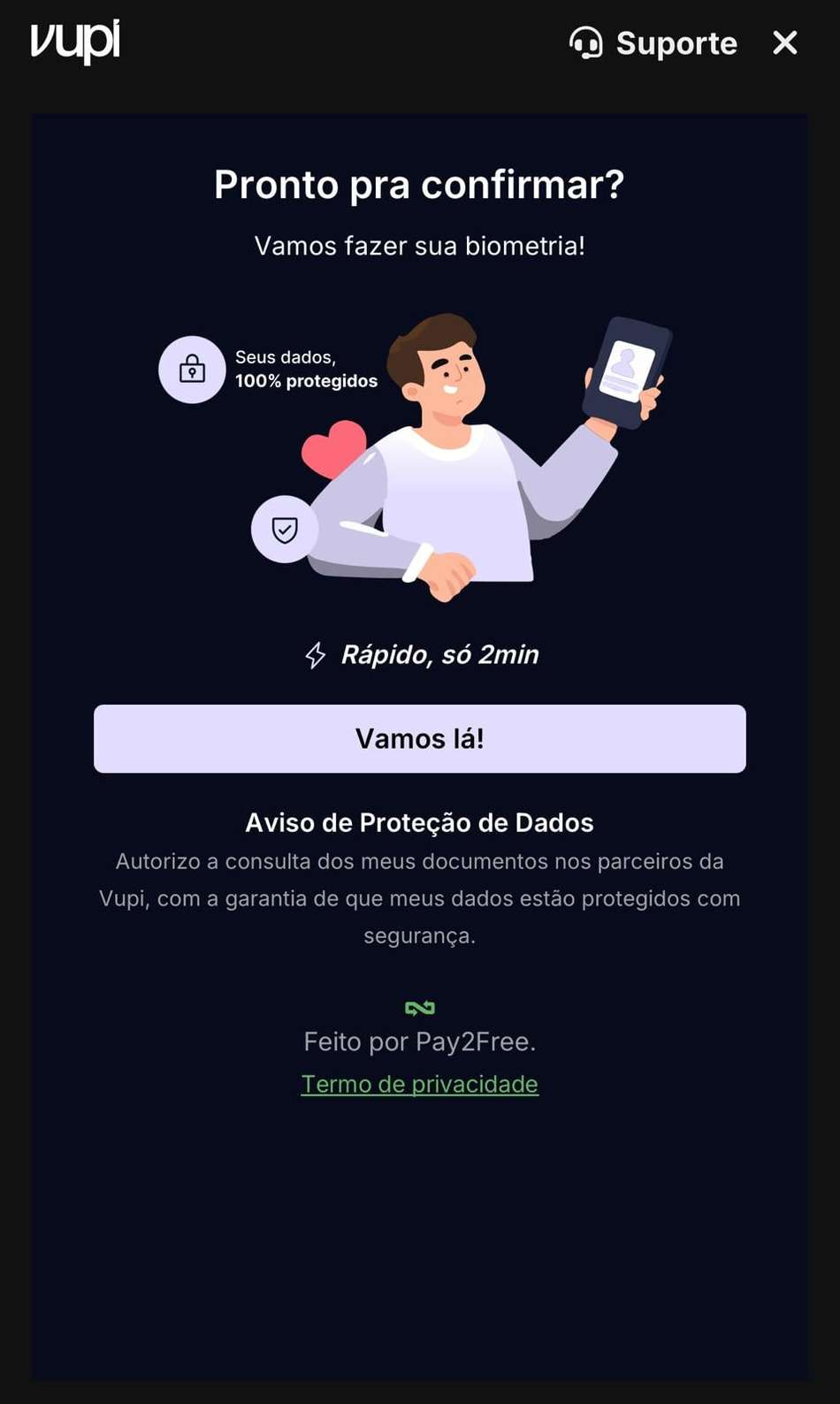 Captura de tela da verificação de identidade no app da Vupi.