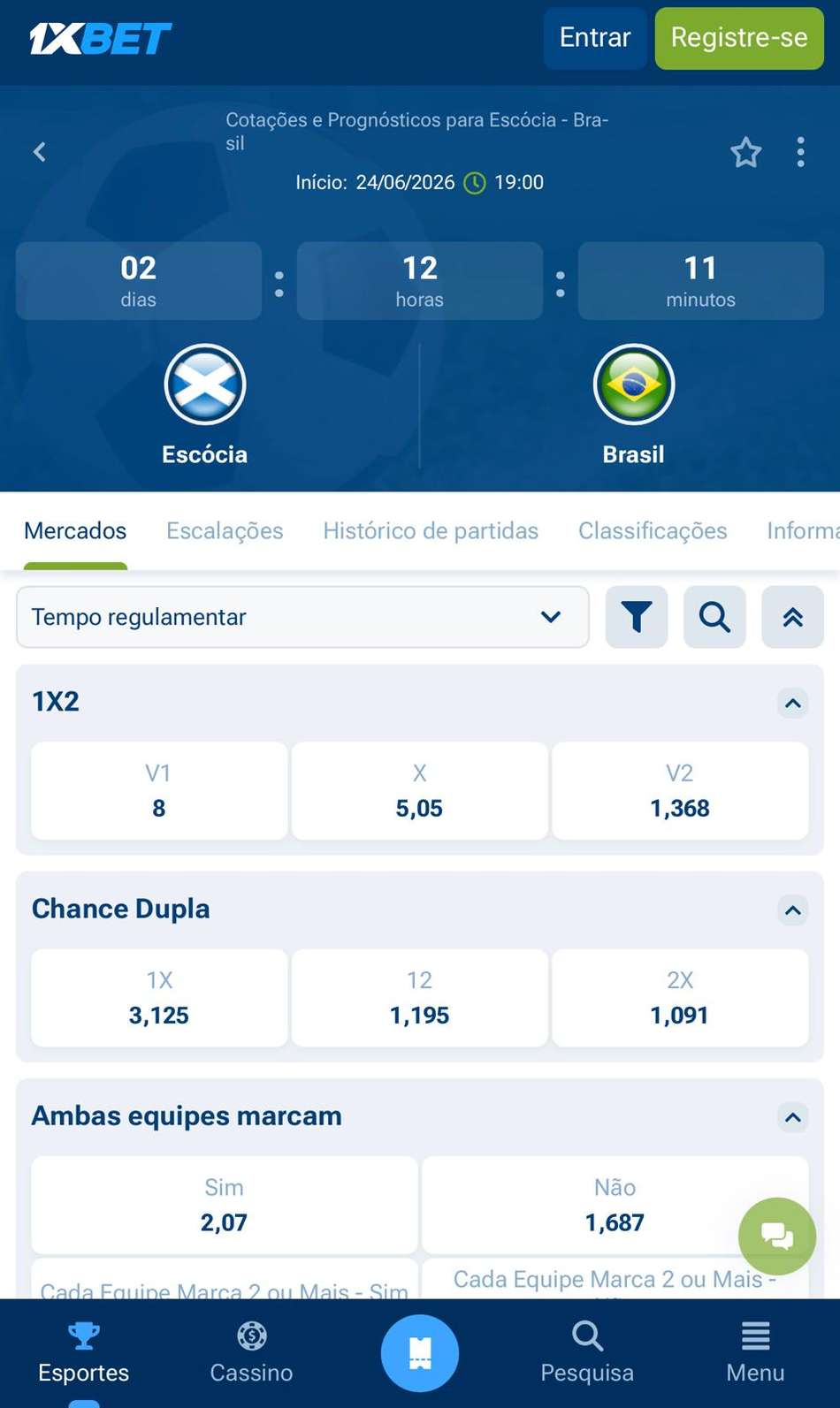 Captura de tela da página de esportes da 1xBet.