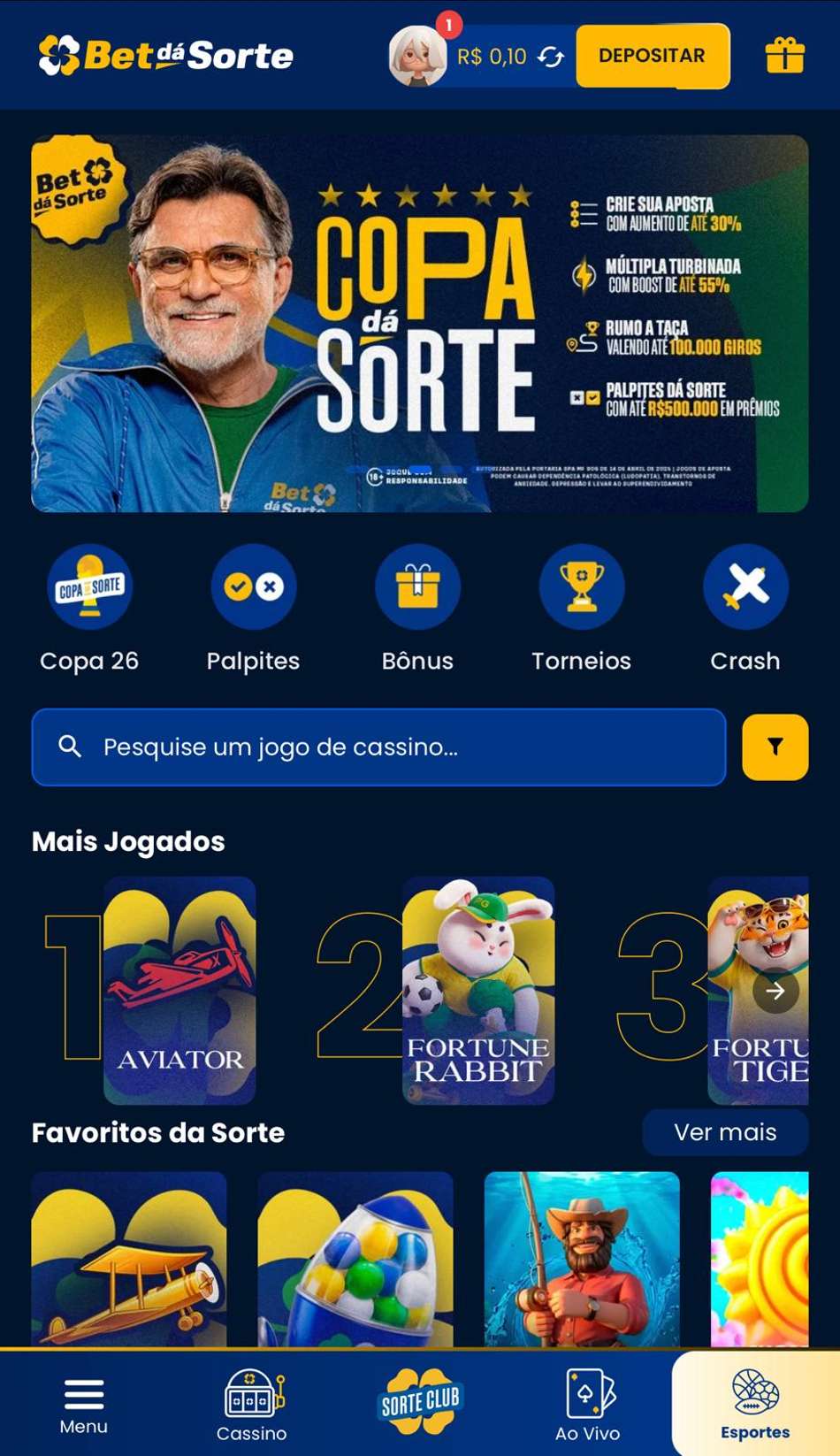 Captura da tela inicial da Bet dá Sorte.