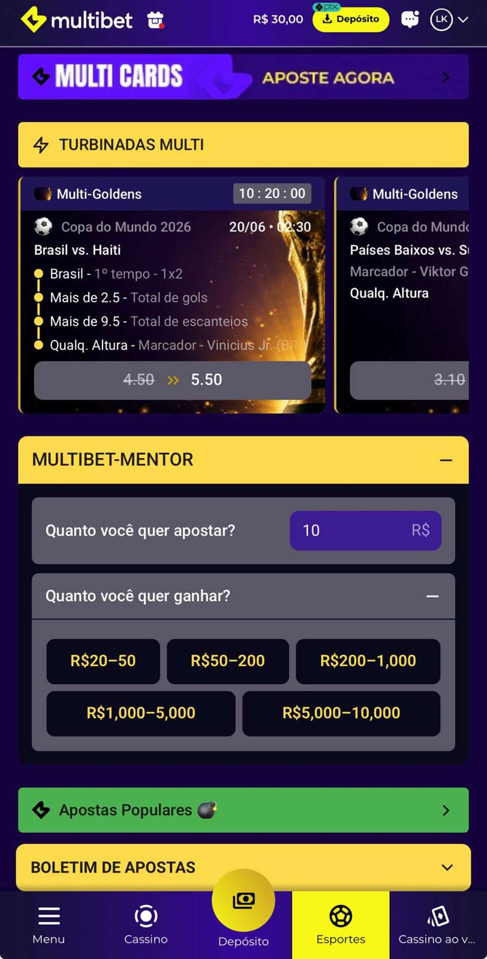 Captura de tela da Multibet, uma das melhores casas de apostas do País.