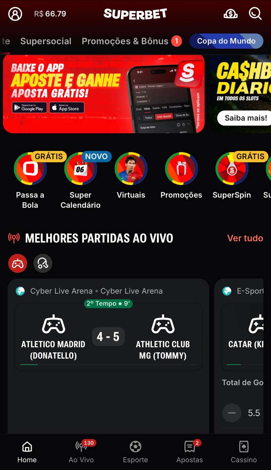 Captura da tela de esportes da Superbet, uma das melhores casas de apostas do Brasil.