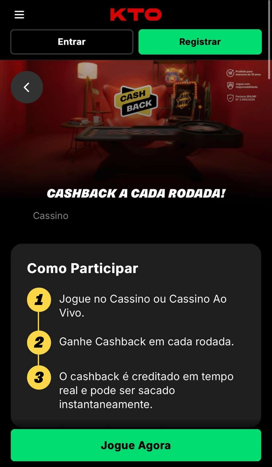 Captura da tela de cashback a cada rodada na KTO.