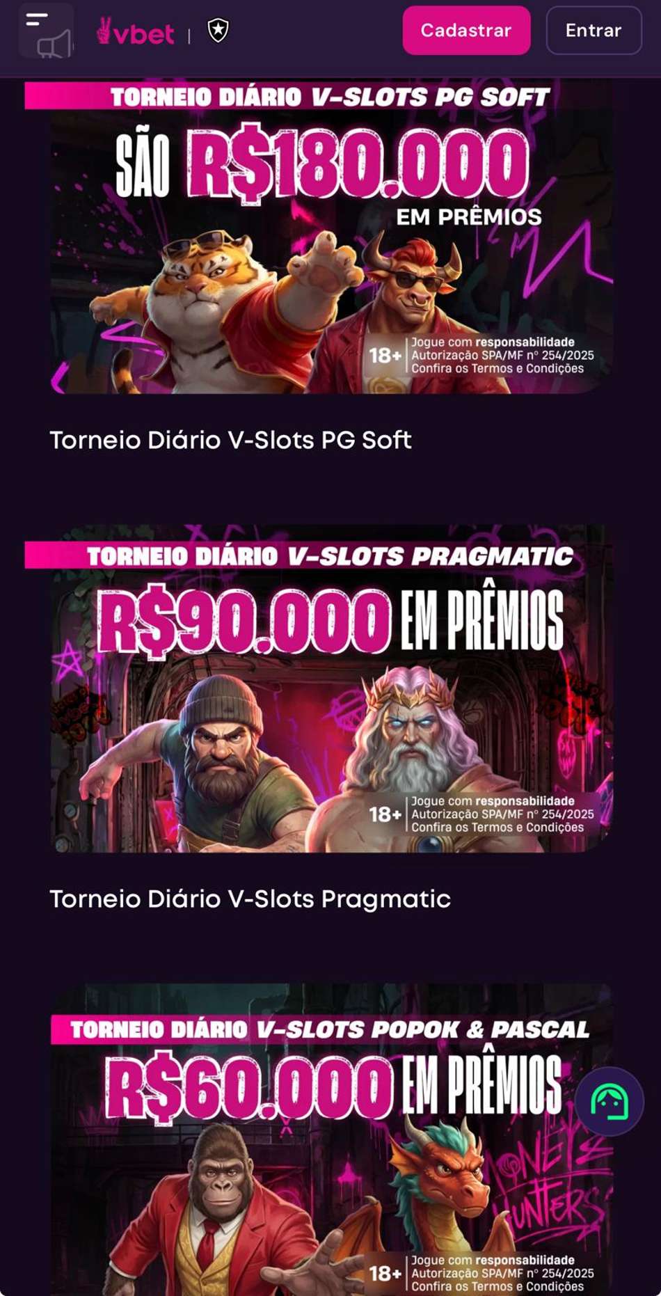 Captura da tela de torneios diários de cassino na Vbet.