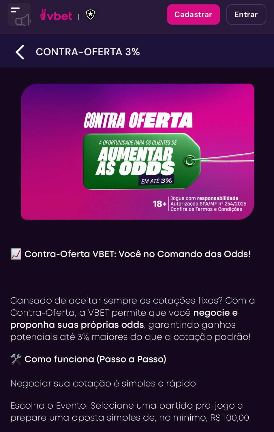 Captura de tela da Contra Oferta na Vbet.