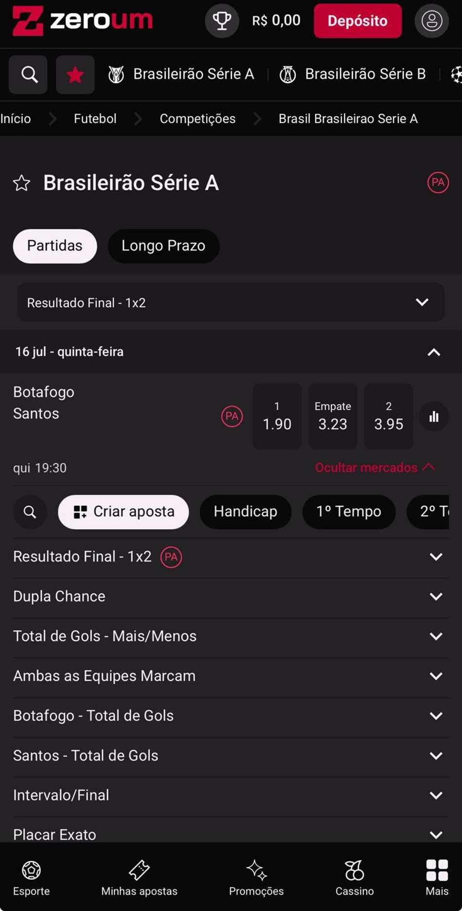 Captura de tela do Criar Aposta na Zeroum Bet.