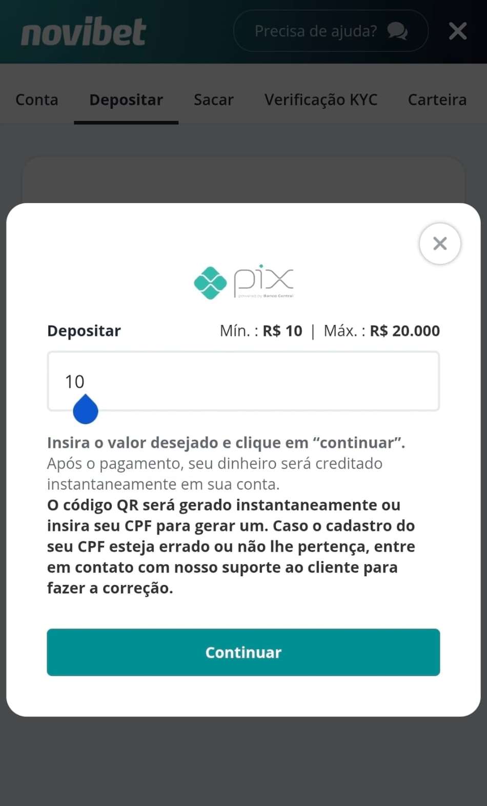 Captura de tela da seção de depósito na Novibet com o valor mínimo de 10 reais e os botões para completar o pagamento.