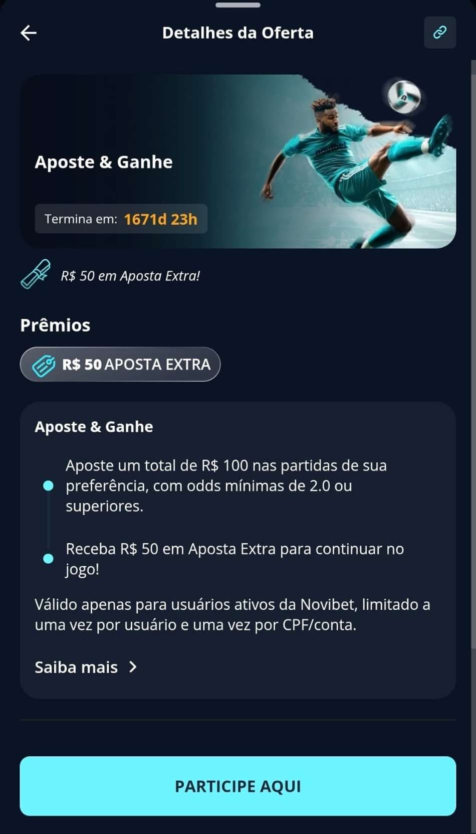 Captura de tela da oferta Aposte e Ganhe na Novibet, a melhor plataforma de 10 reais da atualidade.
