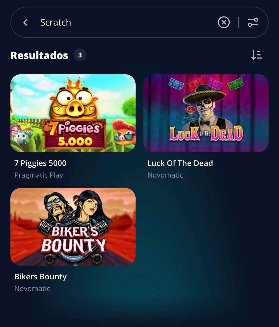 Captura de tela mostra as opções de raspadinhas online disponíveis no app da Novibet.