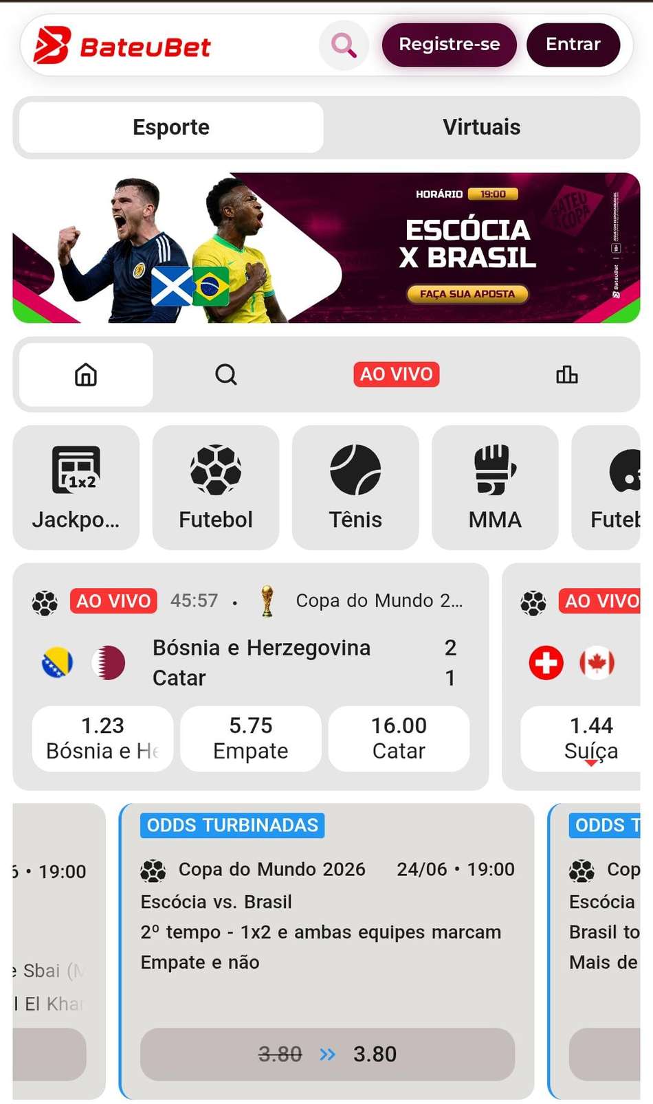 Captura de tela das odds turbinadas da Bateubet.