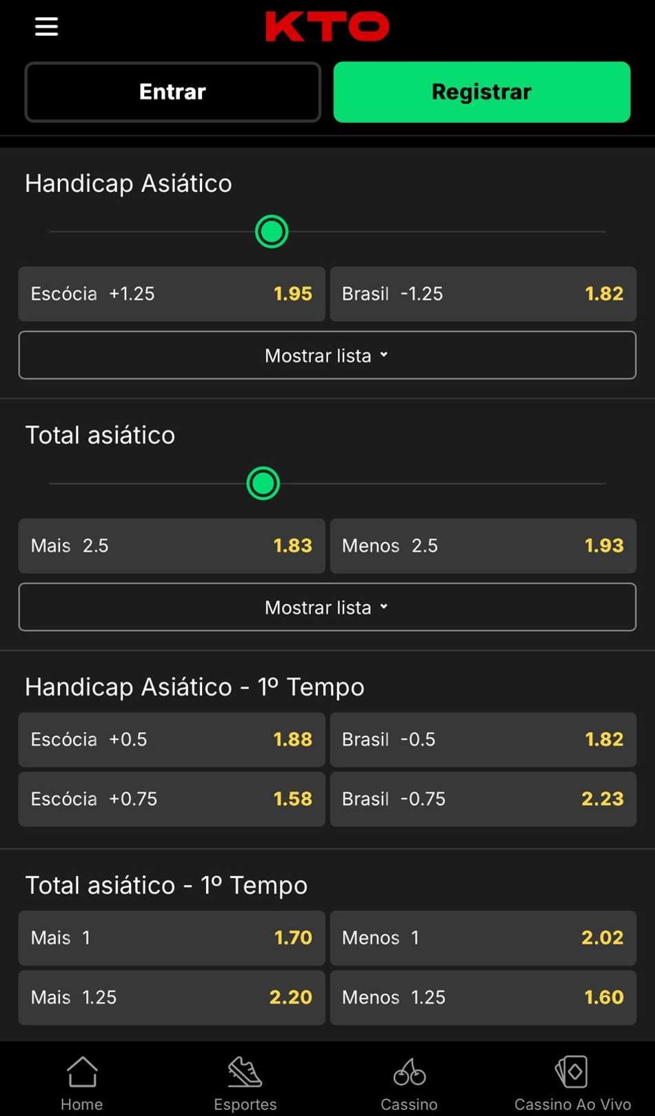 Captura de tela exibe os mercados asiáticos de Over e Under na KTO.