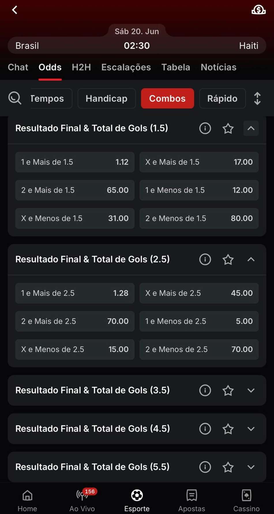 Captura de tela mostra as combinações de Over e Under disponíveis na Superbet.