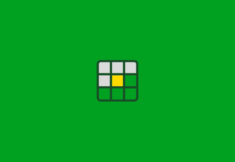 Ícone ilustrativo de uma grade de quadrados no estilo wordle, com uma célula central destacada em amarelo e as demais em cinza claro, sobre fundo verde. Imagem representativa do jogo Palavra do Dia.