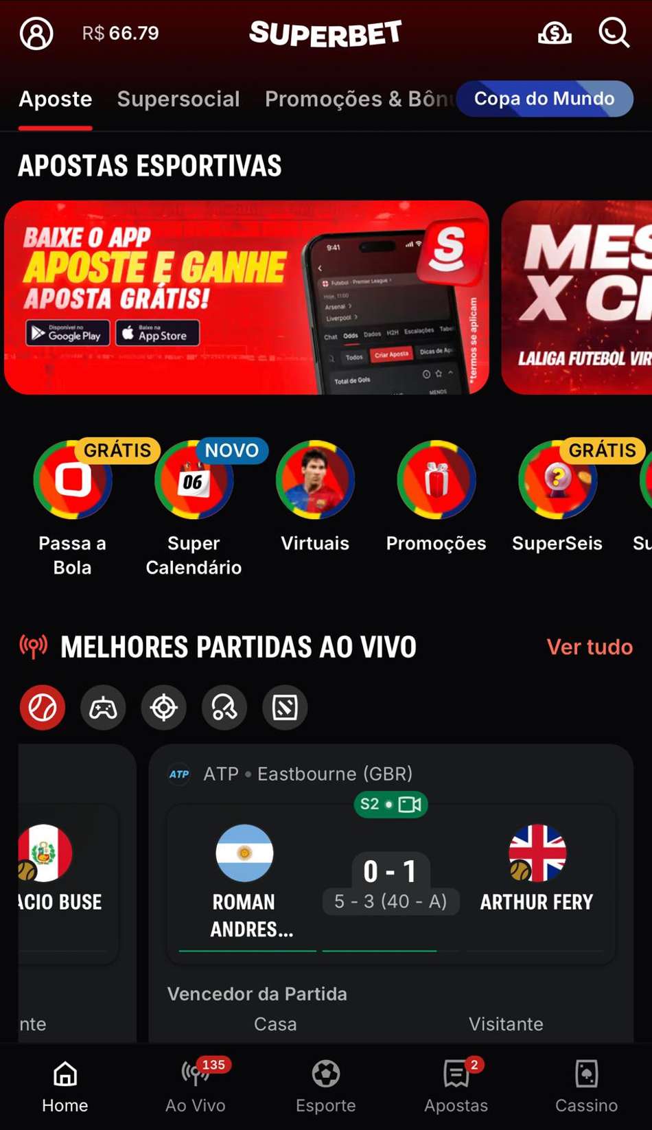 Captura da tela inicial da plataforma de 1 real Superbet,