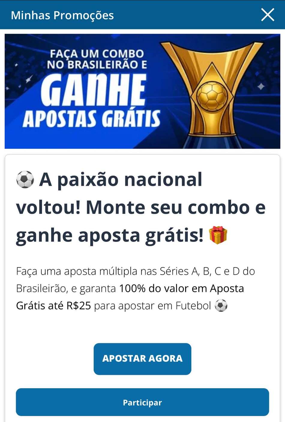 Captura de tela exibe a condição especial no Brasileirão na Sportingbet.