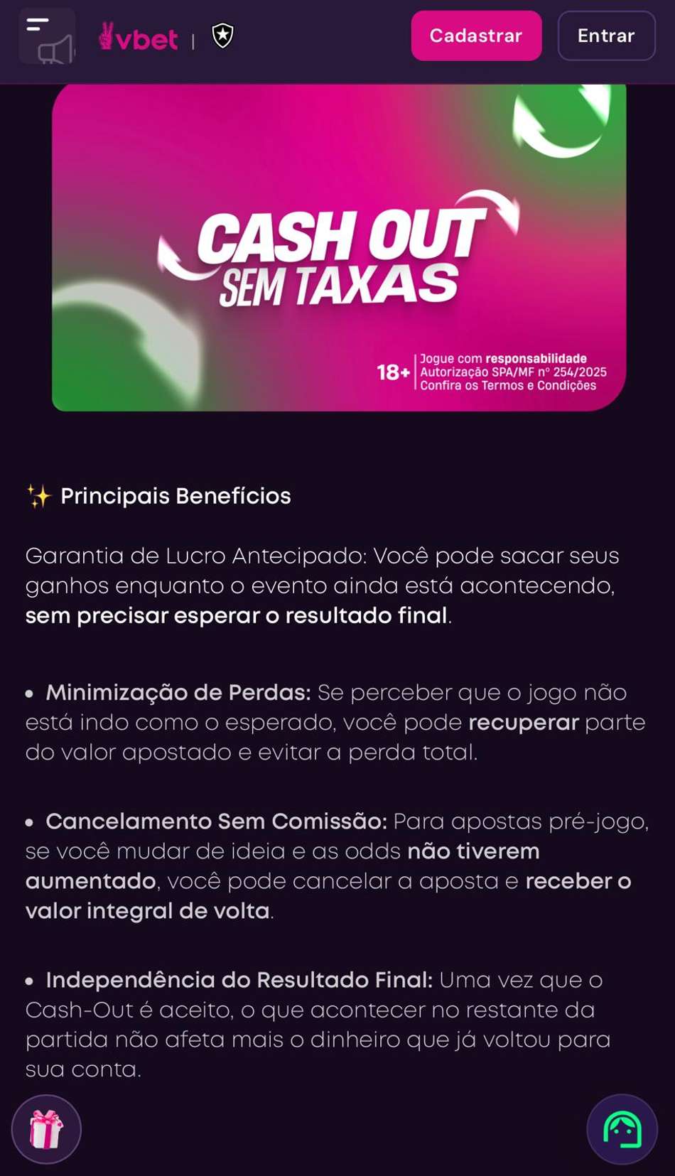 Captura de tela explica como funciona o Cash Out na plataforma de 5 reais Vbet.