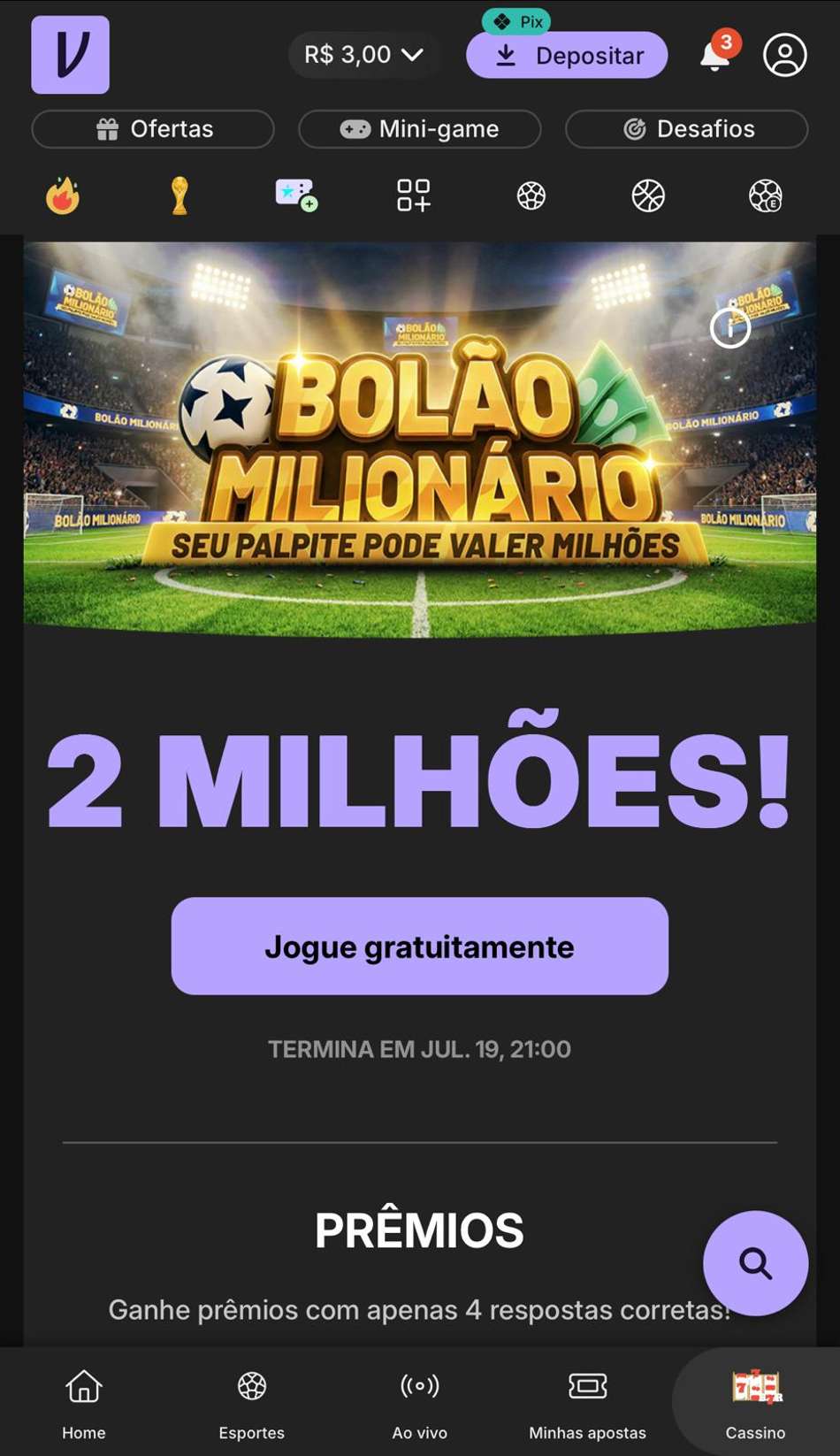 Captura de tela exibe o Bolão Milionário na Vupi.
