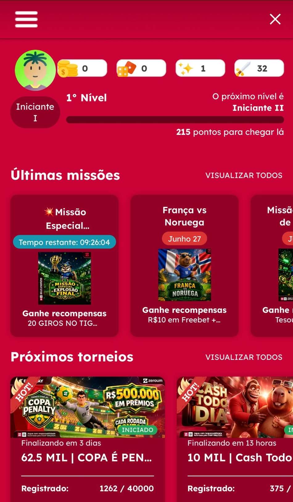 Captura de tela do painel de missões da Zeroum, uma plataforma de 5 reais.