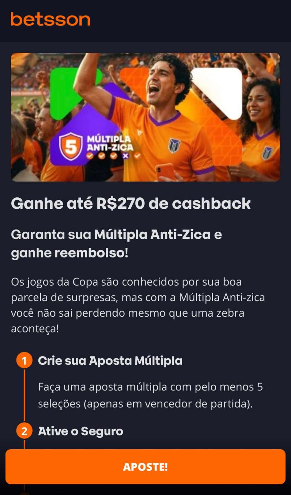 Captura de tela da promoção Múltipla Anti-Zica na plataforma com bônus Betsson.