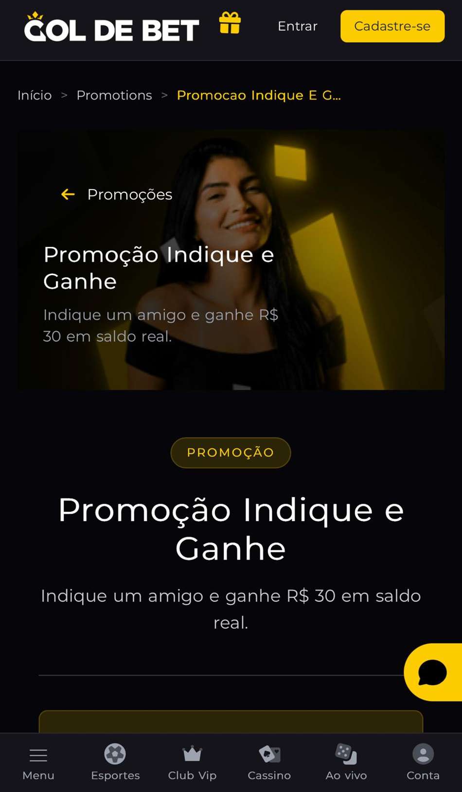Captura de tela da oferta Indique e Ganhe da Gol de Bet com botão para participar.