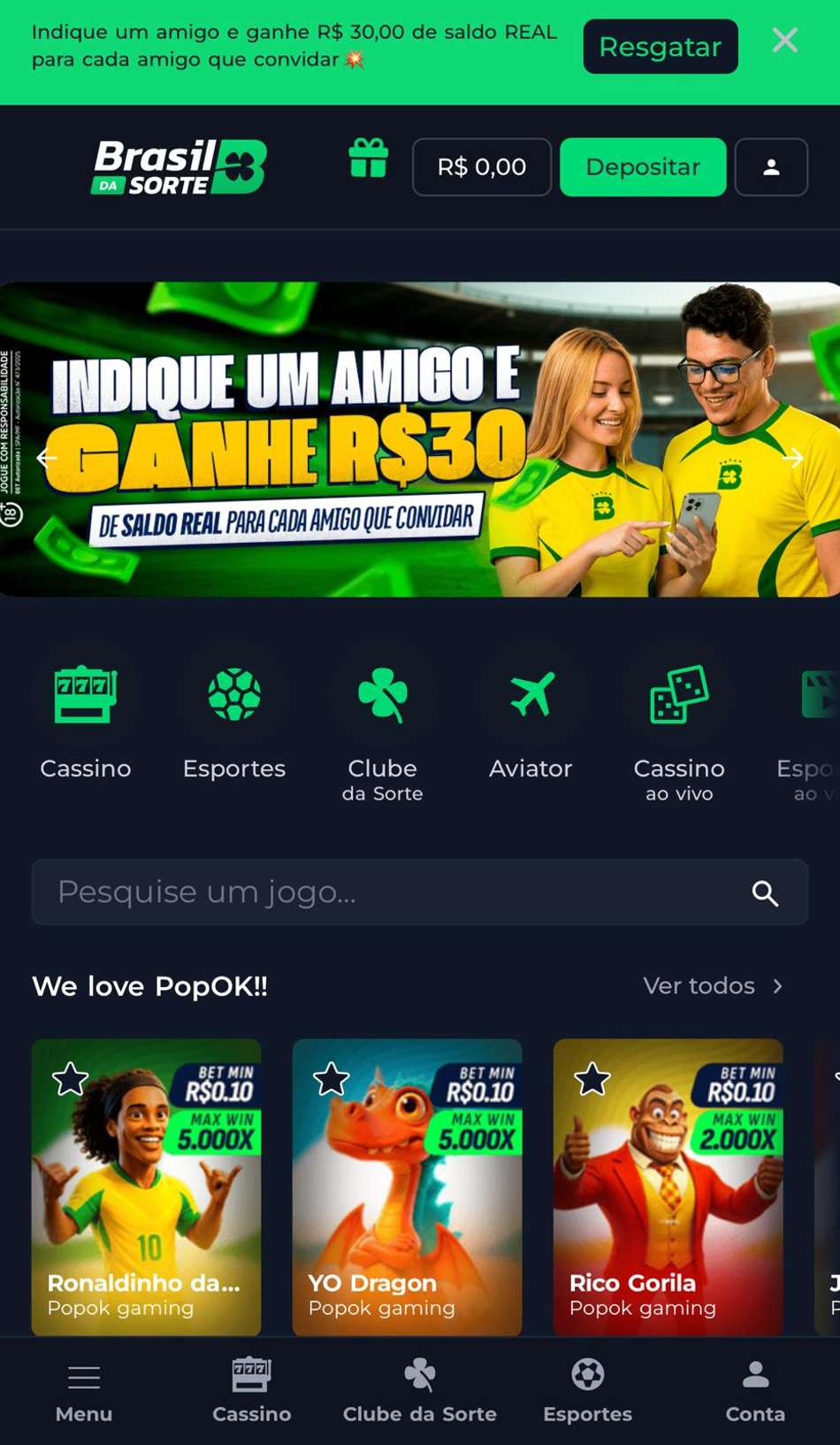 Captura da tela inicial da plataforma nova Brasil da Sorte.