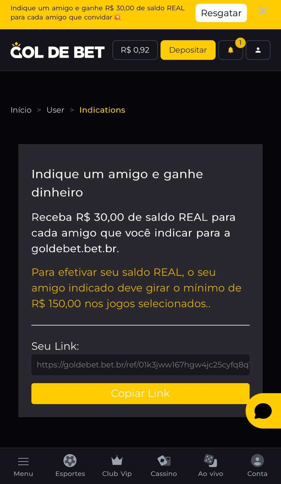 Captura de tela da promoção de bônus por indicação na Gol de Bet.
