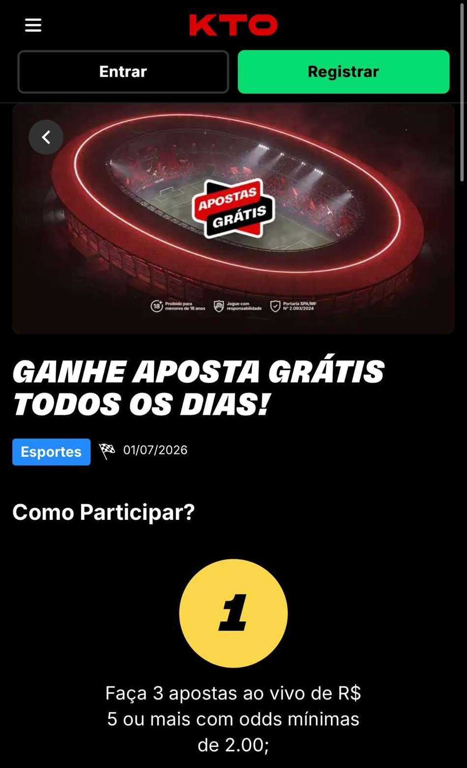 Captura de tela da promoção de apostas grátis na plataforma que mais paga KTO.