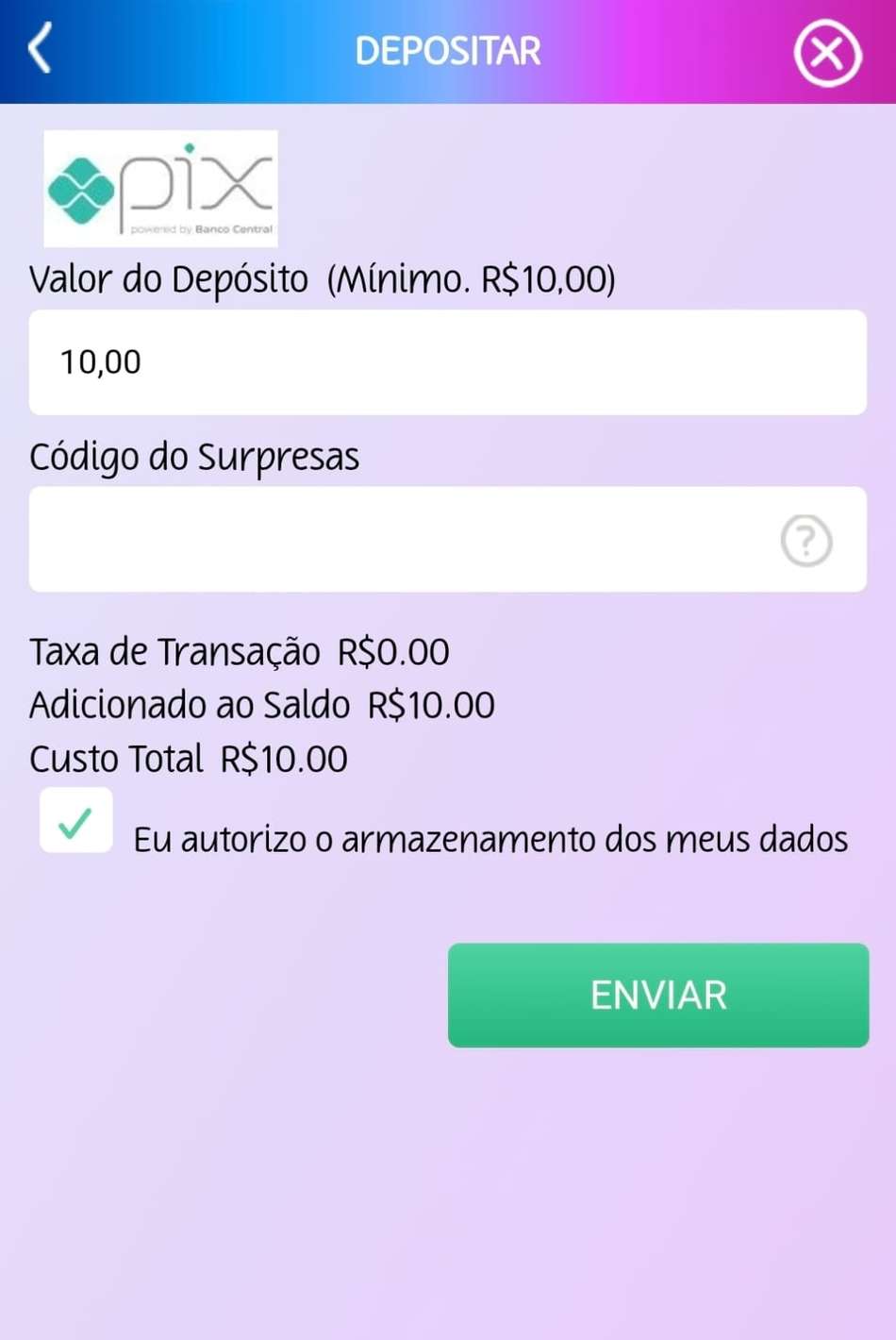 Captura de tela da PlayUZU exibindo a seção de depósitos via Pix a partir de R$10.