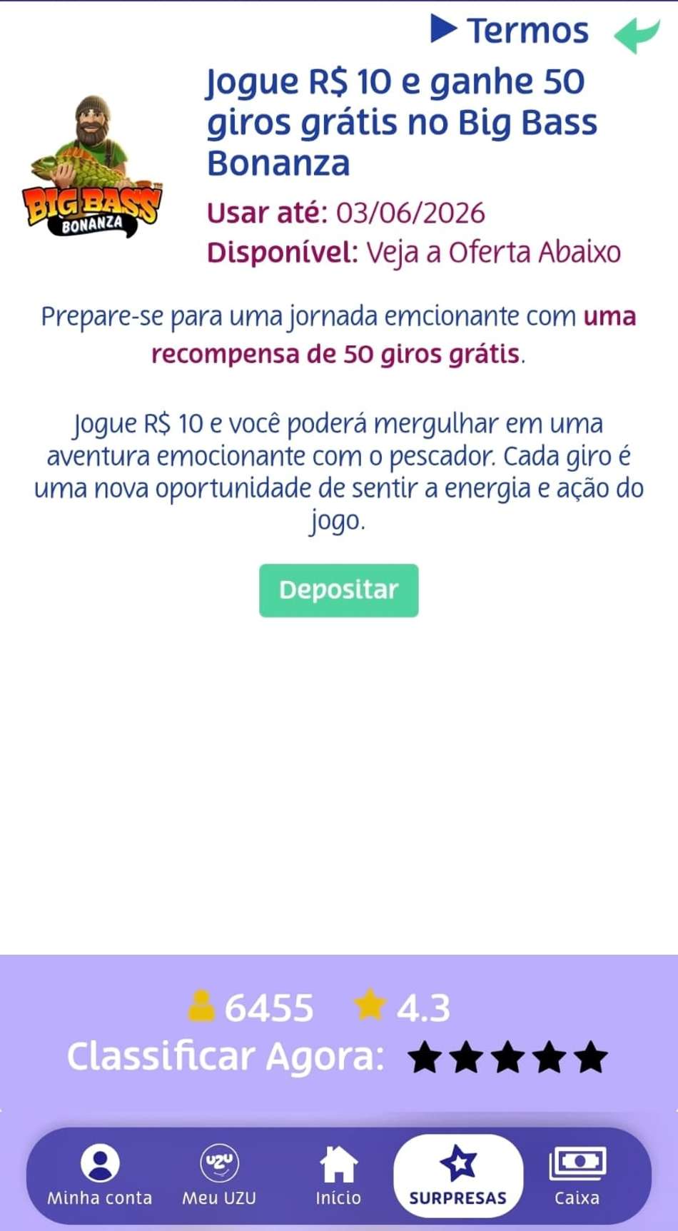 Captura de tela do menu de Surpresas da PlayUZU com uma promoção de giros grátis no Sweet Bonanza.