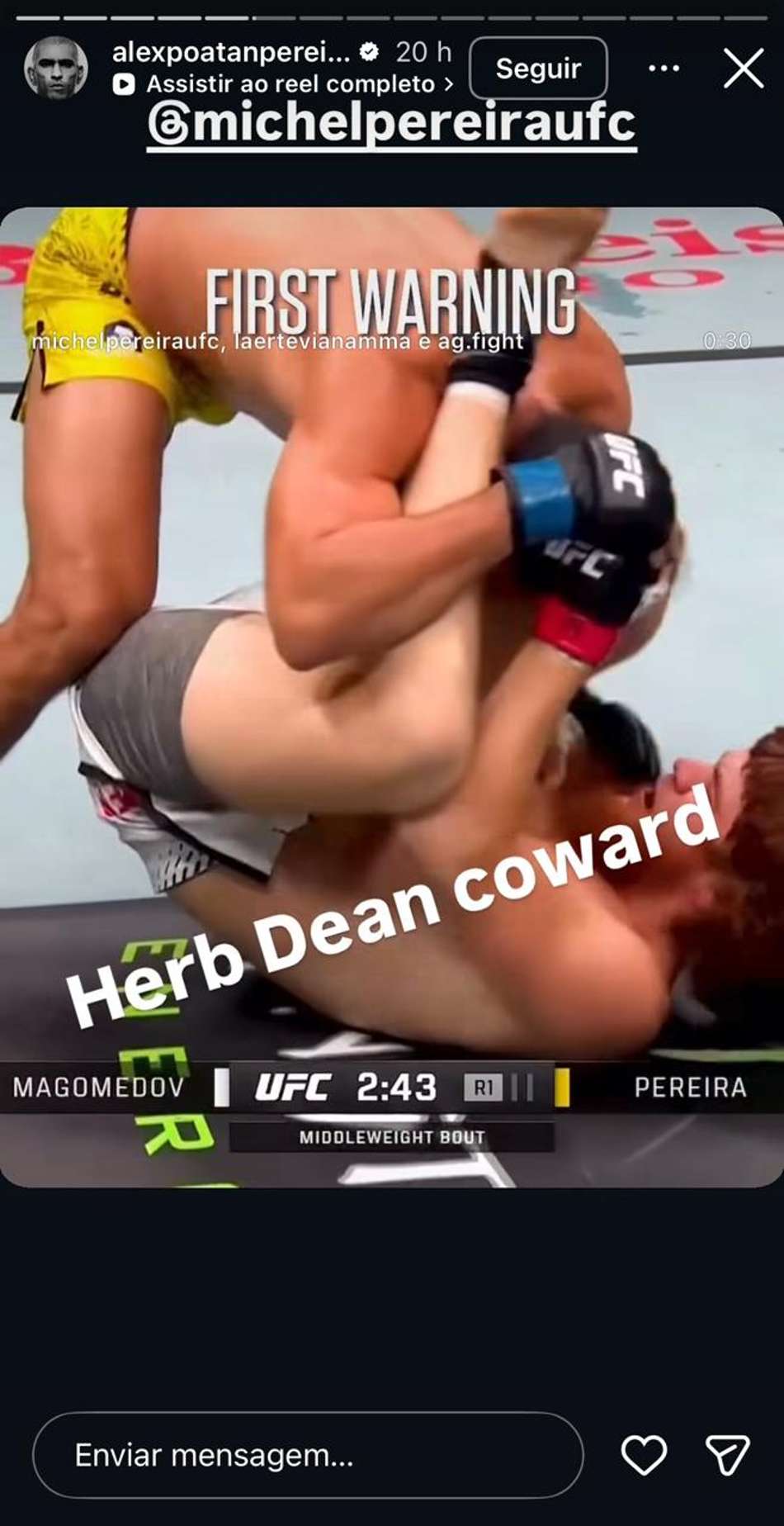 Publicação de Alex Poatan criticando a atuação de Herb Dean no UFC Baku