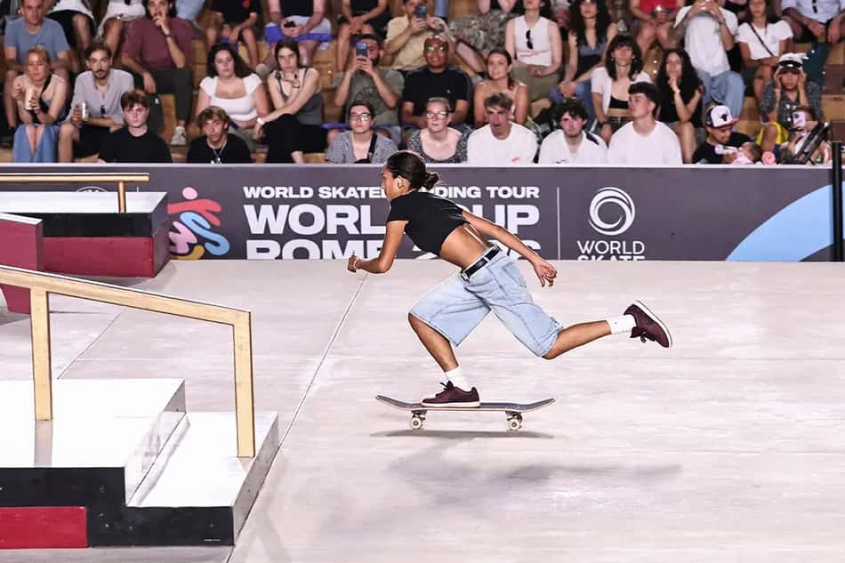 Rayssa Leal, durante a disputa da Copa do Mundo de Skate, em Roma