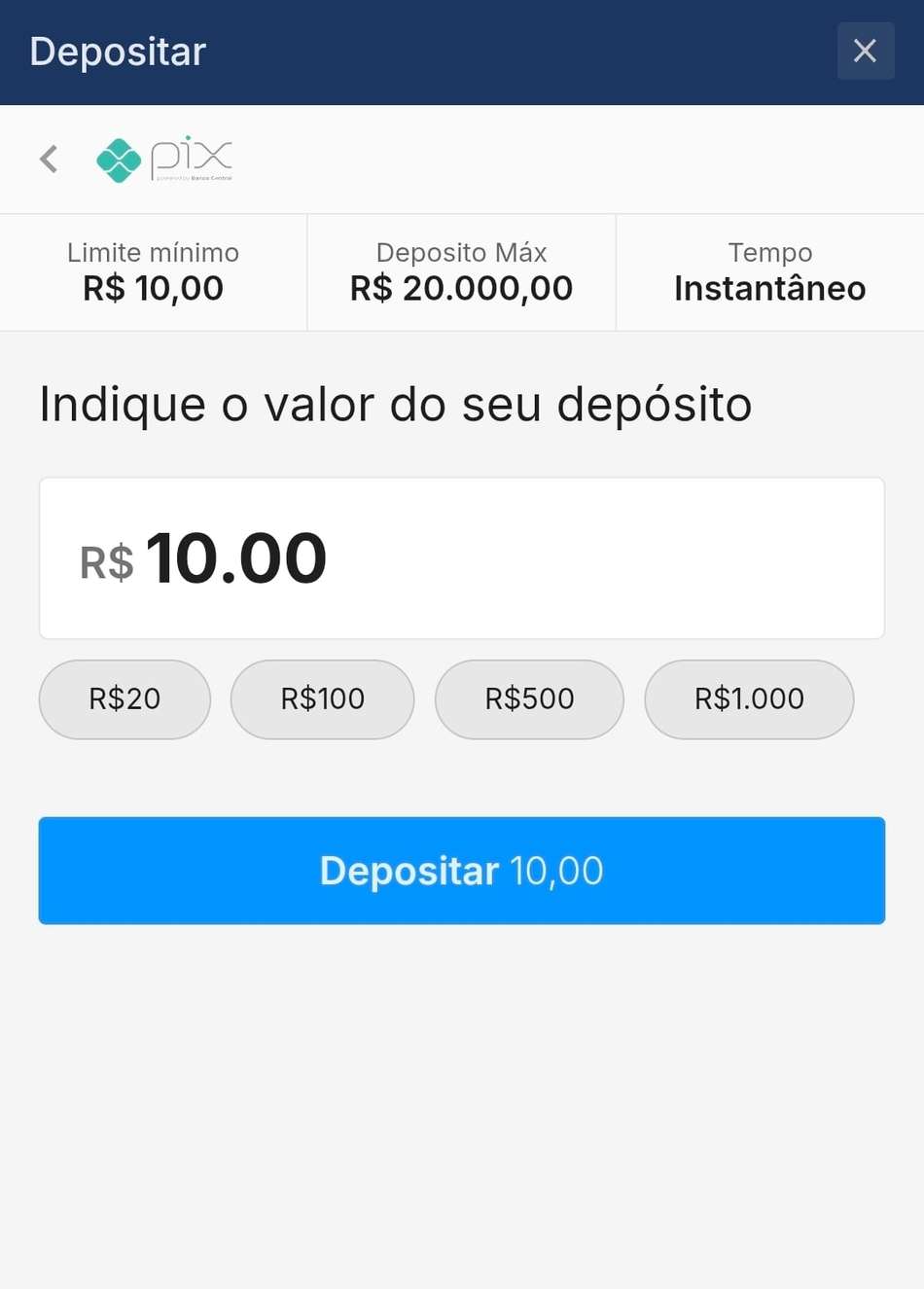 Captura de tela da seção de pagamentos da Rivalo exibindo os botões de depósito a partir de 10 reais.