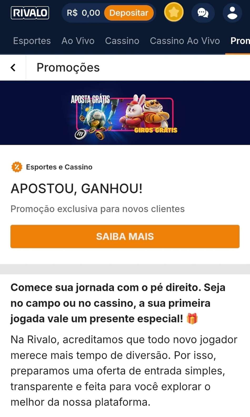 Captura de tela da Rivalo exibindo a oferta Apostou, Ganho R$10 em freebet na plataforma.