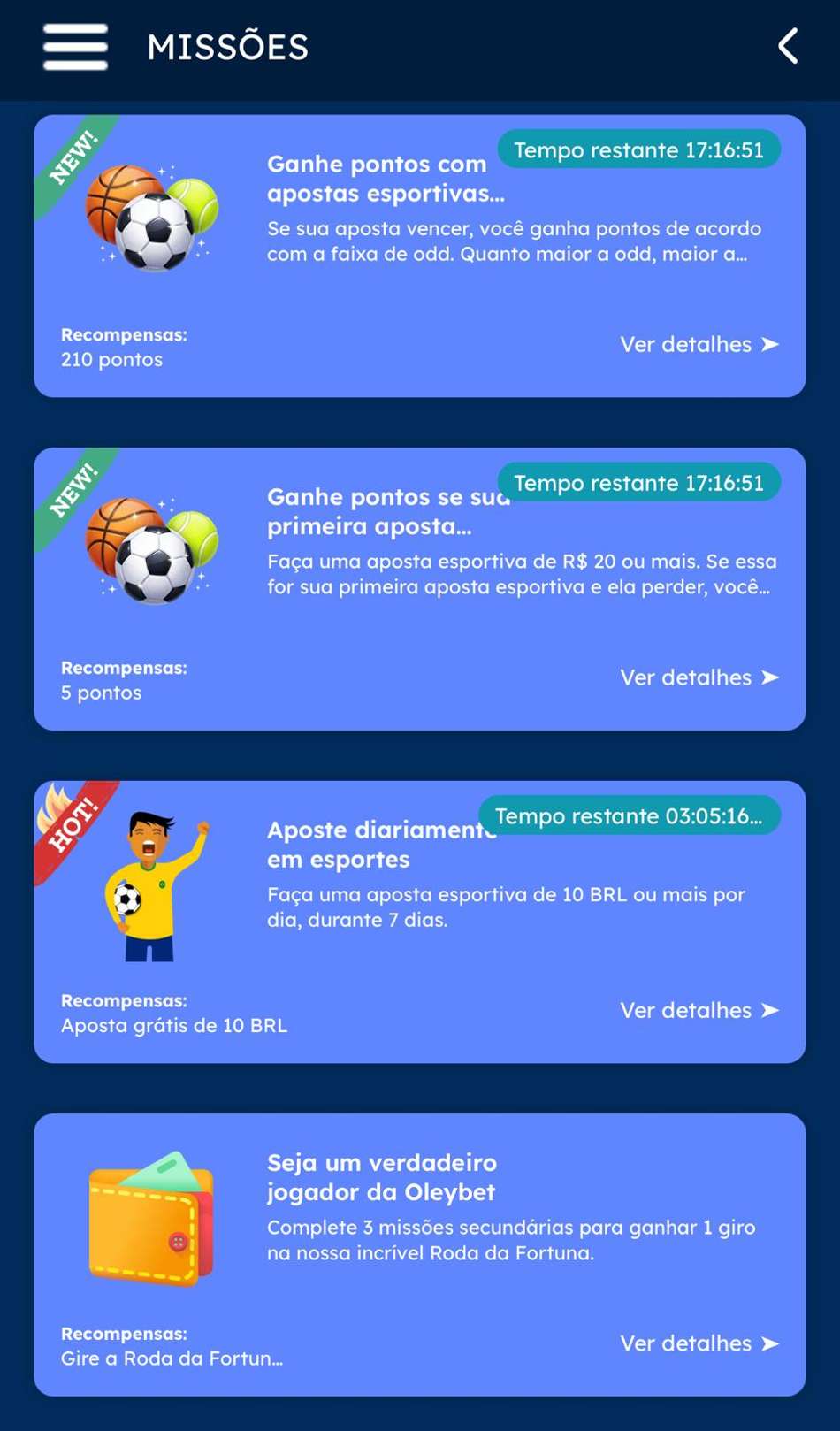 Captura de tela das Missões disponíveis na Oleybet com rodadas grátis e torneios.