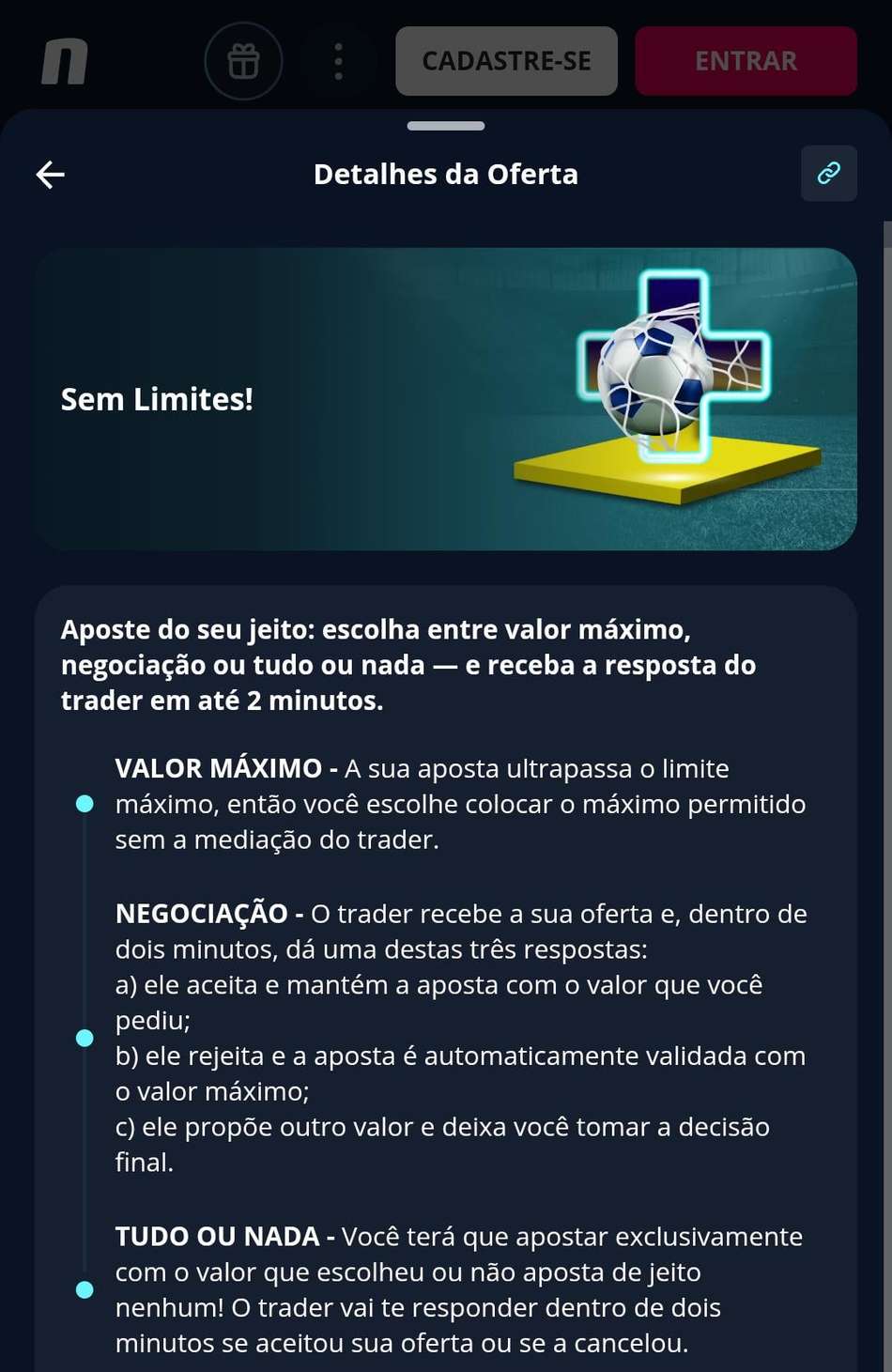 Captura de tela com o banner da promoção Sem Limites da Novibet.