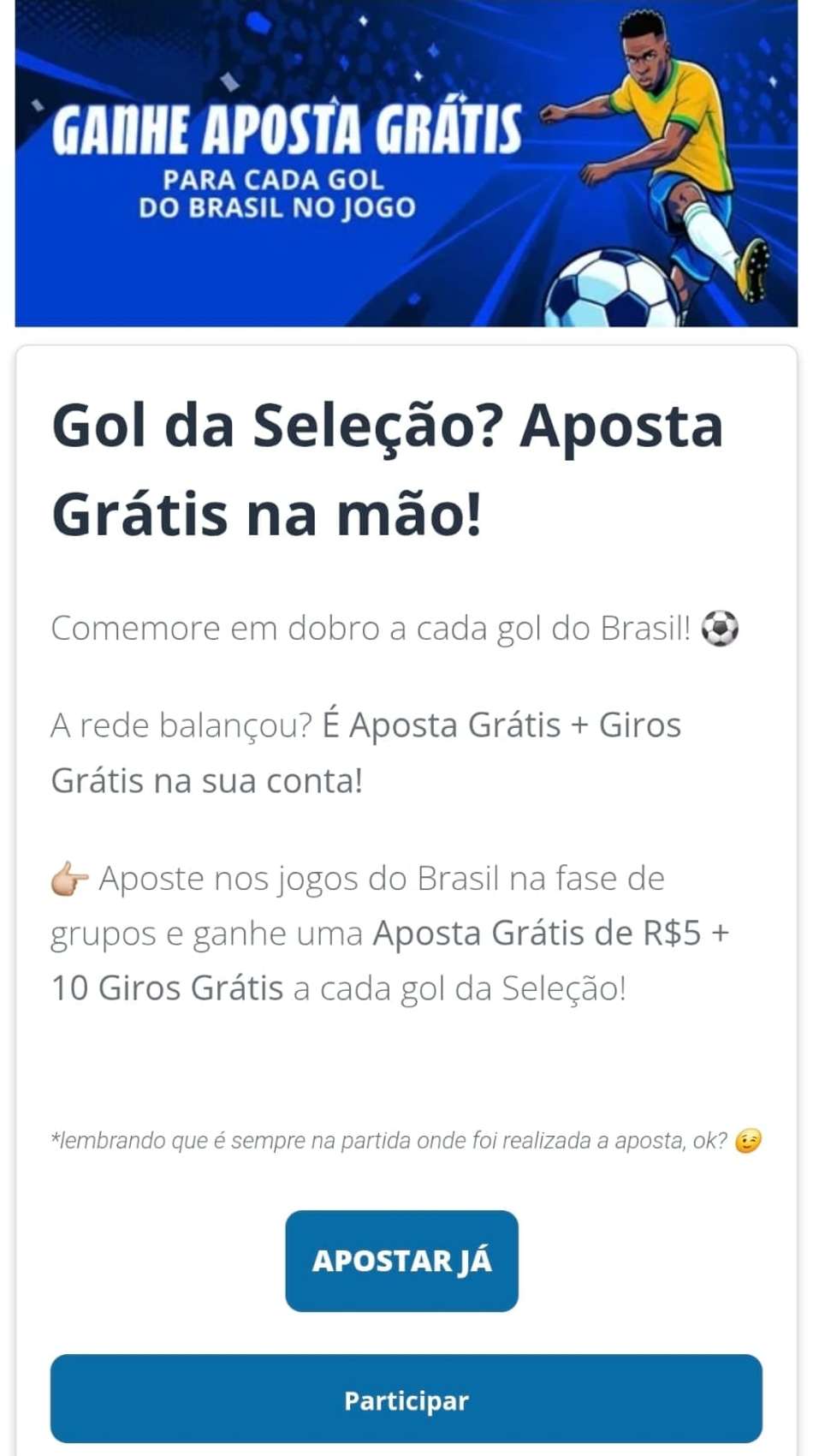 Captura de tela da promoção Gol da Seleção? Aposta Grátis na Mão da Sportingbet para a Copa de 2026.
